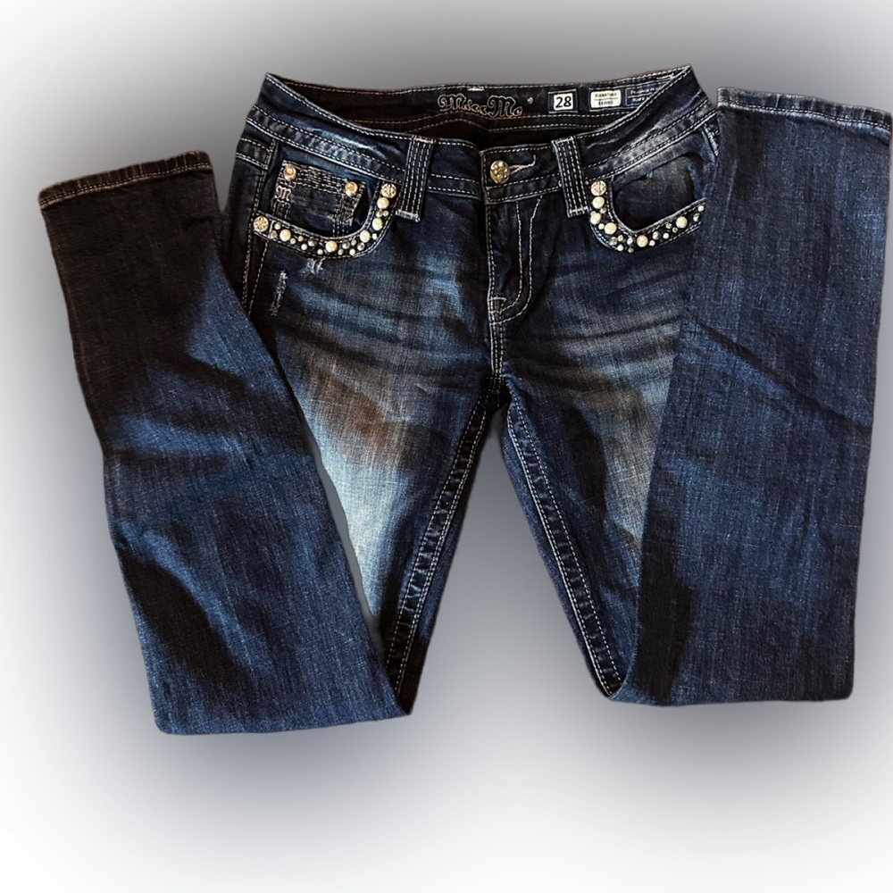 Miss Me Dark Indigo Skinny Jeans with Rhinestone & Pearl Pocket Accents